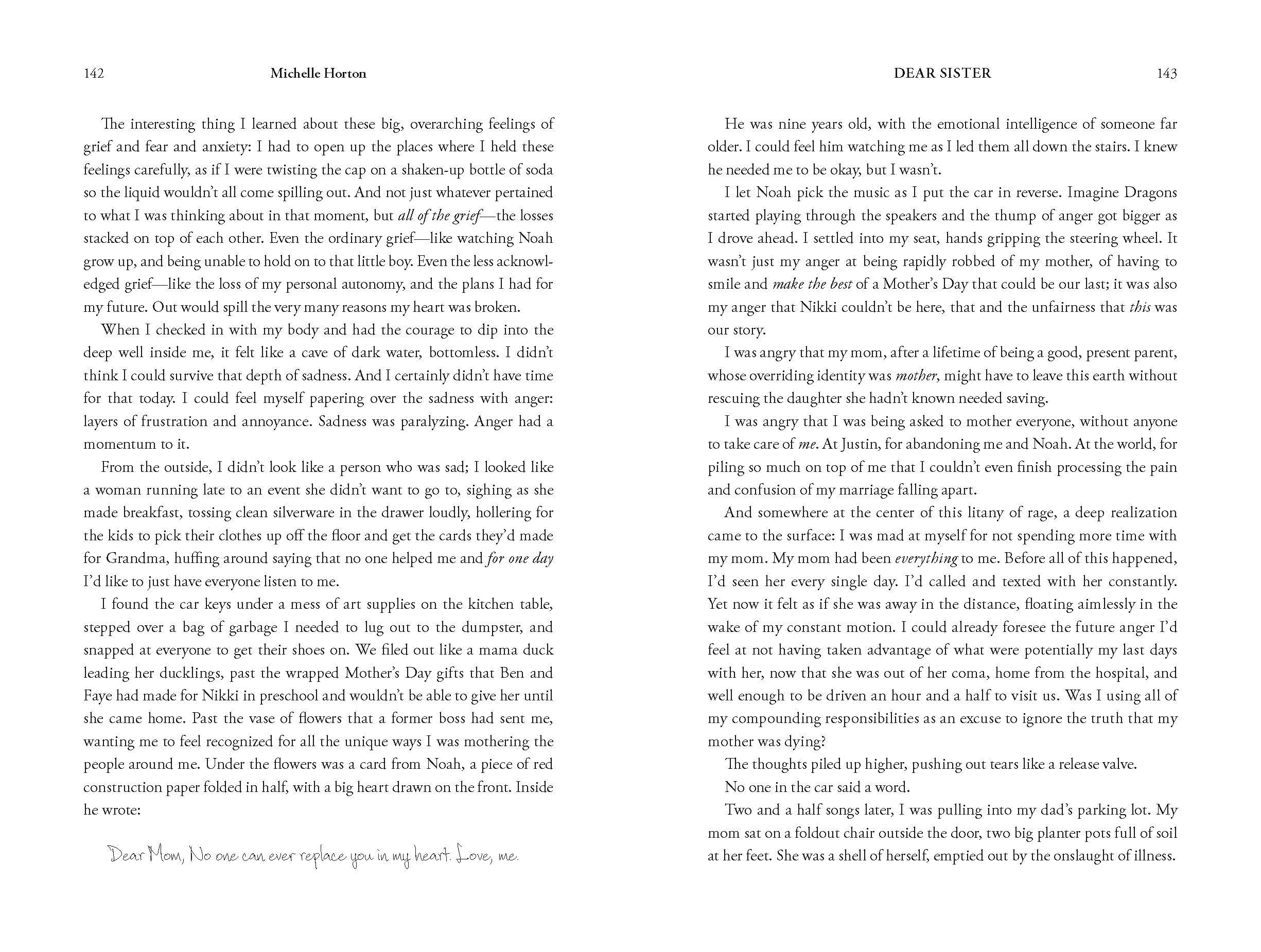 A book page with text discussing themes of grief, sadness, and family relationships. The text includes emotional reflections on personal experiences with family members, touching on feelings of fear, anger, and loss.