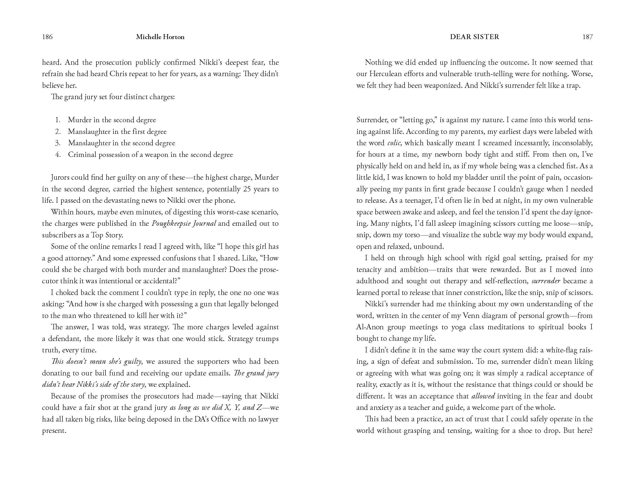 Two pages of a book titled "Dear Sister" by Michelle Horton, discussing legal charges, a court case involving Nikki, and themes of struggle, surrender, and resilience.
