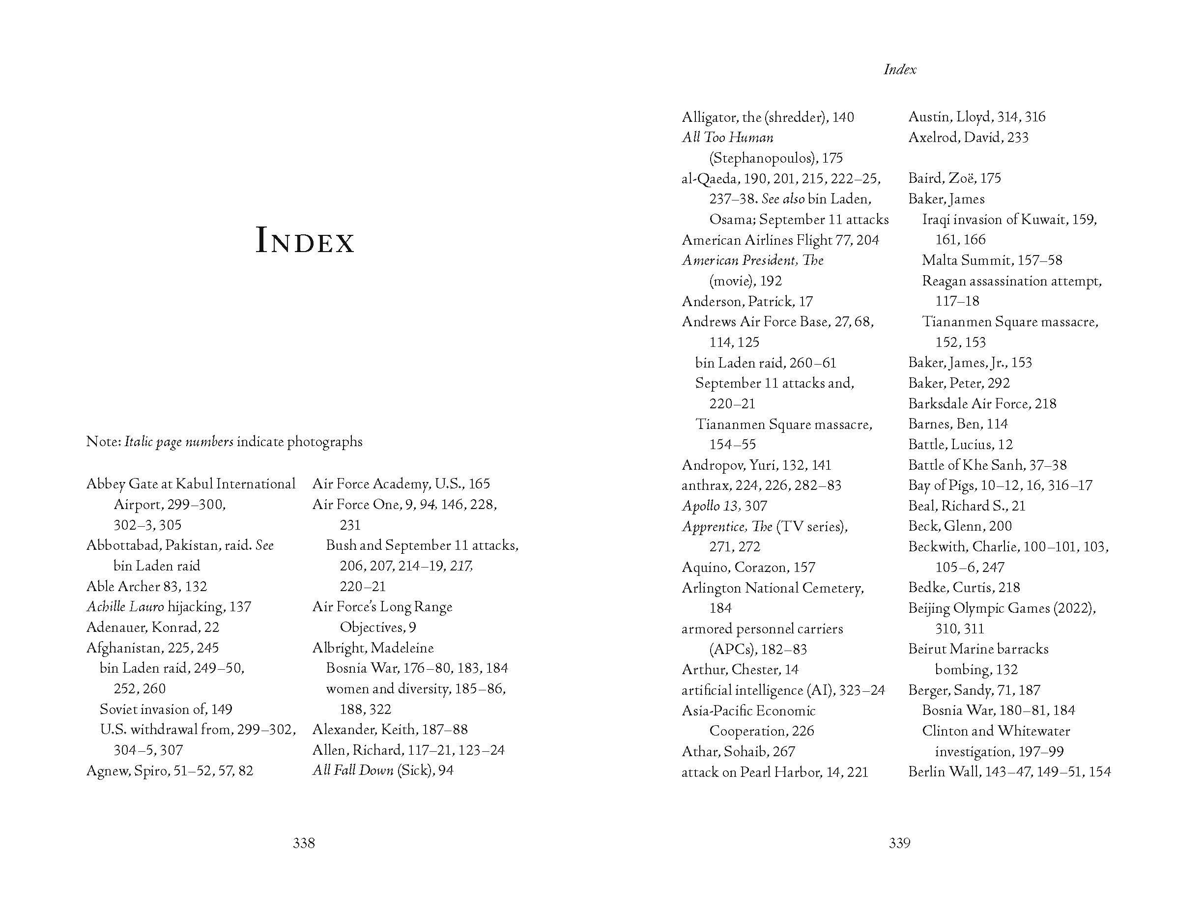 Index page from a book listing topics and corresponding page numbers, mentioning events like September 11 attacks, Tiananmen Square massacre, and individuals like George W. Bush, Madeleine Albright, and Spiro Agnew. Note indicates italicized page num