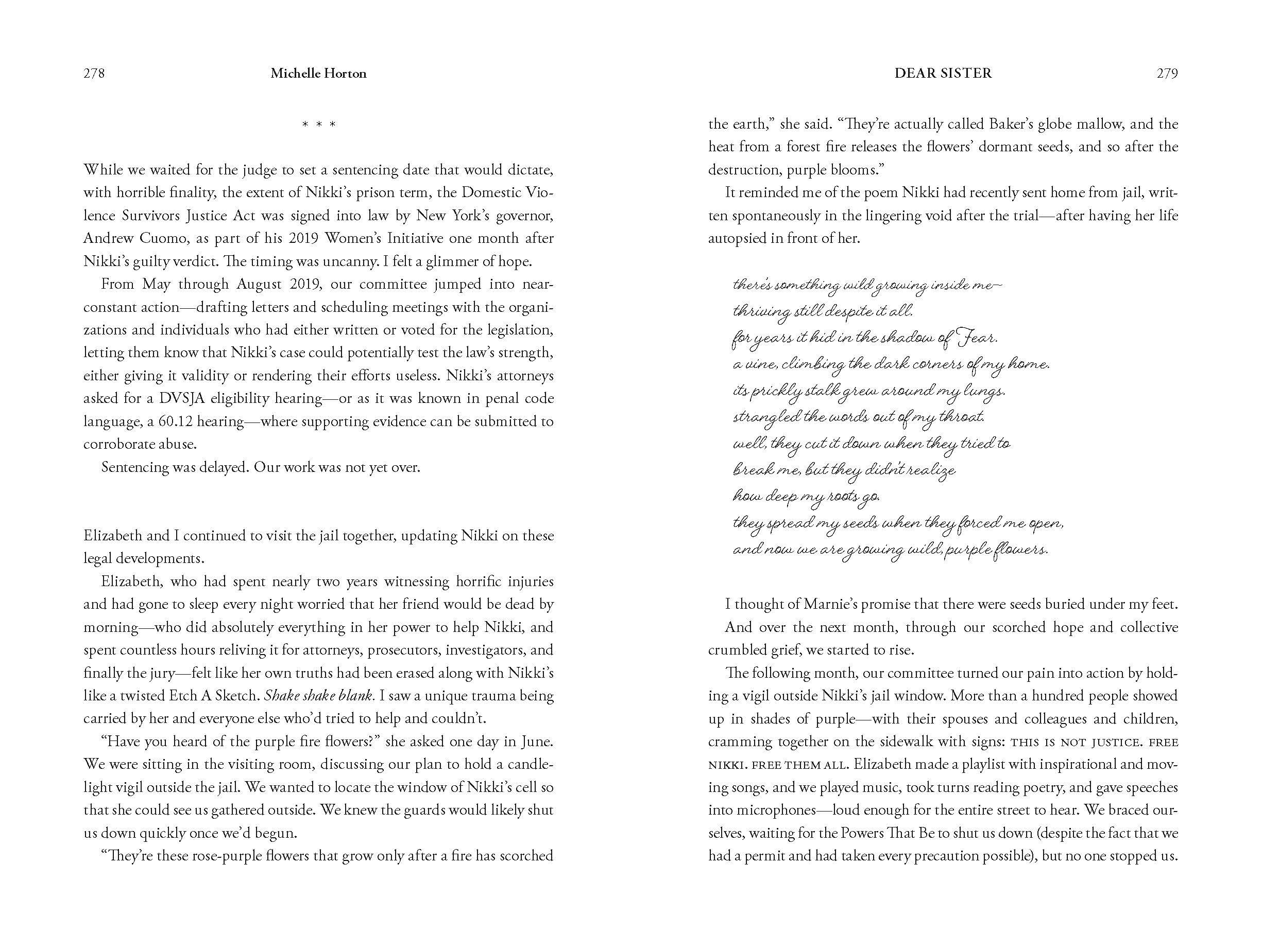 Page from a book with text about a legal case and a poem reflecting on resilience.