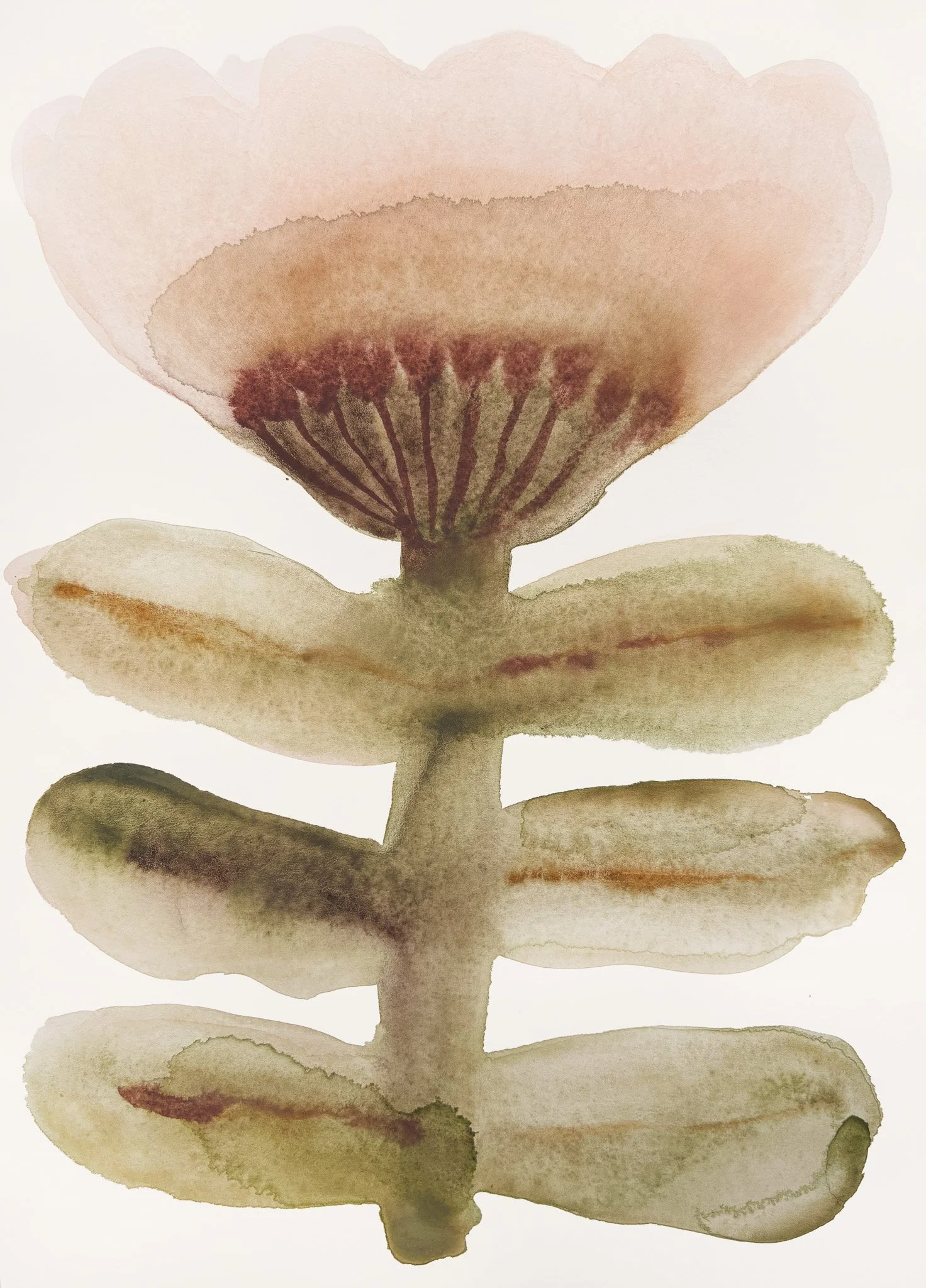 Watercolor painting of a pink lotus flower with green leaves.
