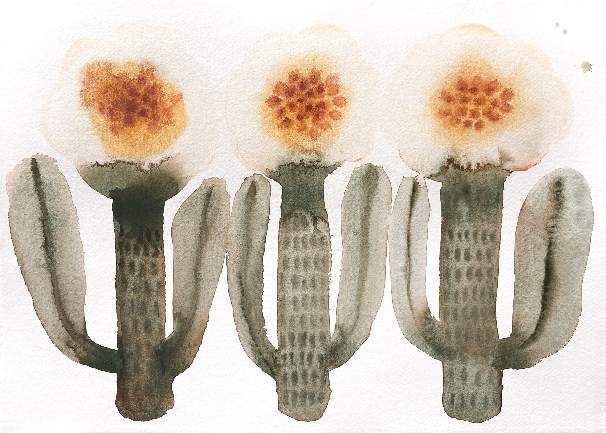 Watercolor painting of three orange flowers with green stems on white background.