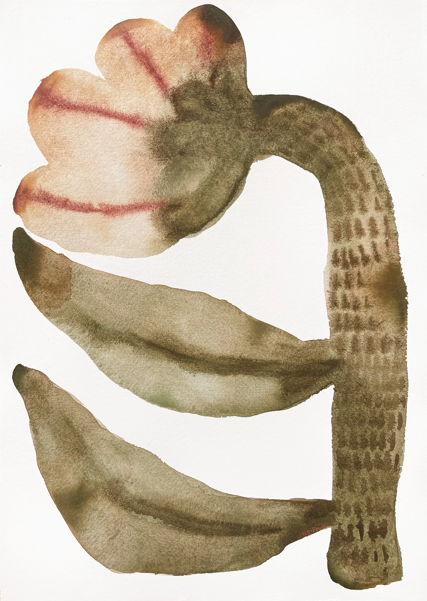 Watercolor painting of a hand making a peace sign with the index and middle fingers, with a flower held between the fingers.