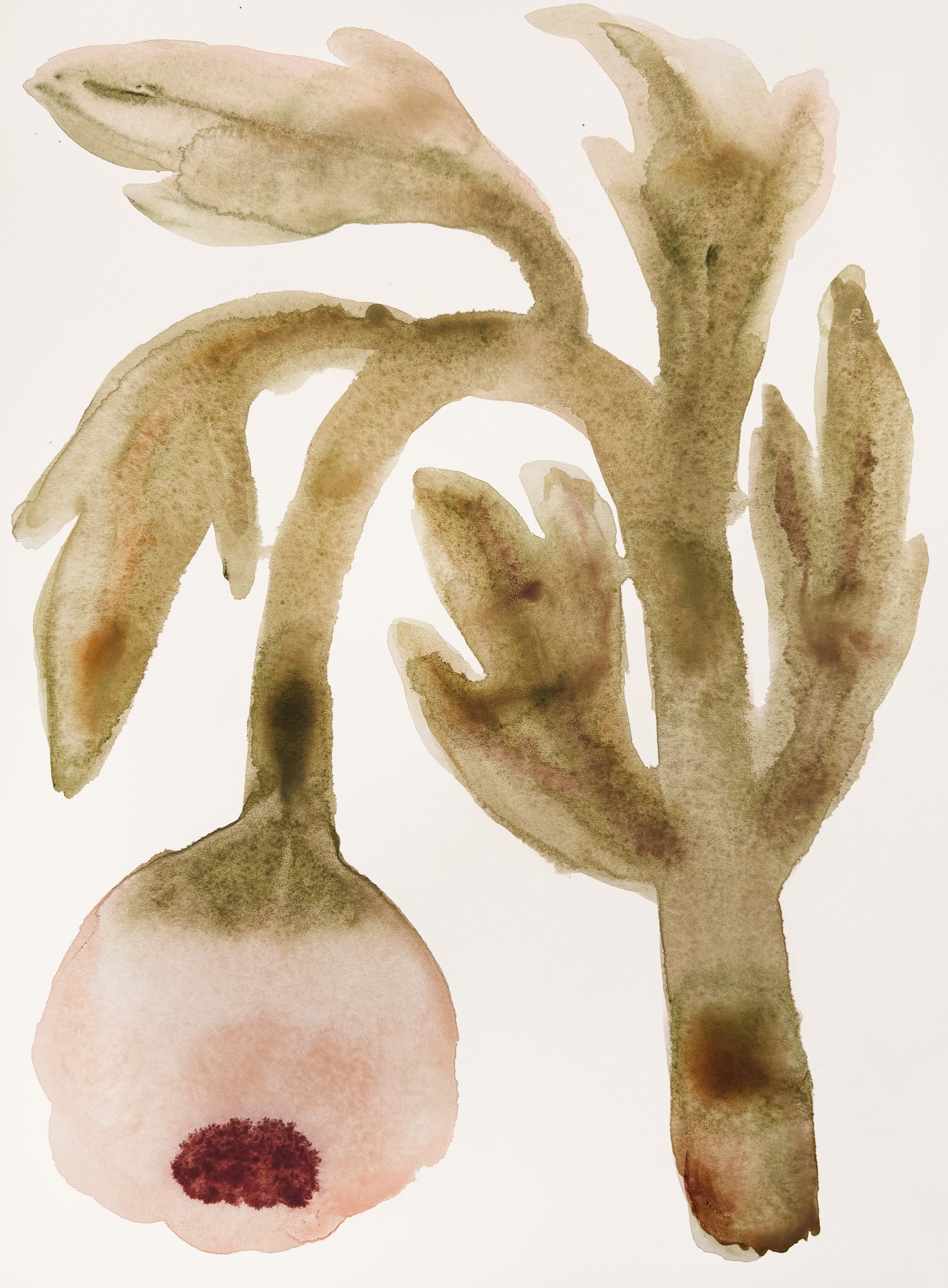 Watercolor painting of abstract human face with closed eyes, brown and pink tones, minimalistic style.