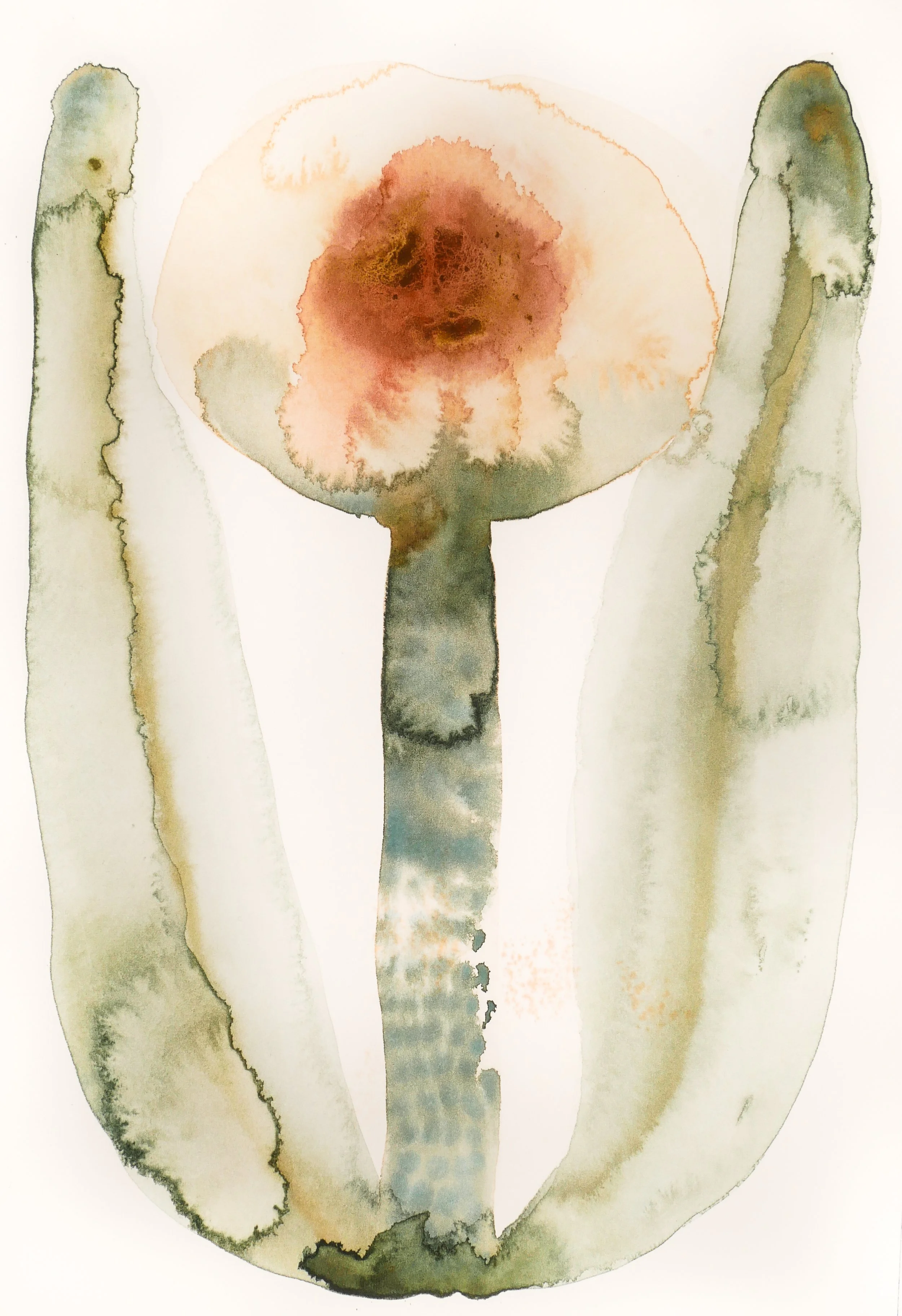 Abstract watercolor painting of a flower with primarily brown, green, and blue tones, with a central round blossom and two long green stems on either side.