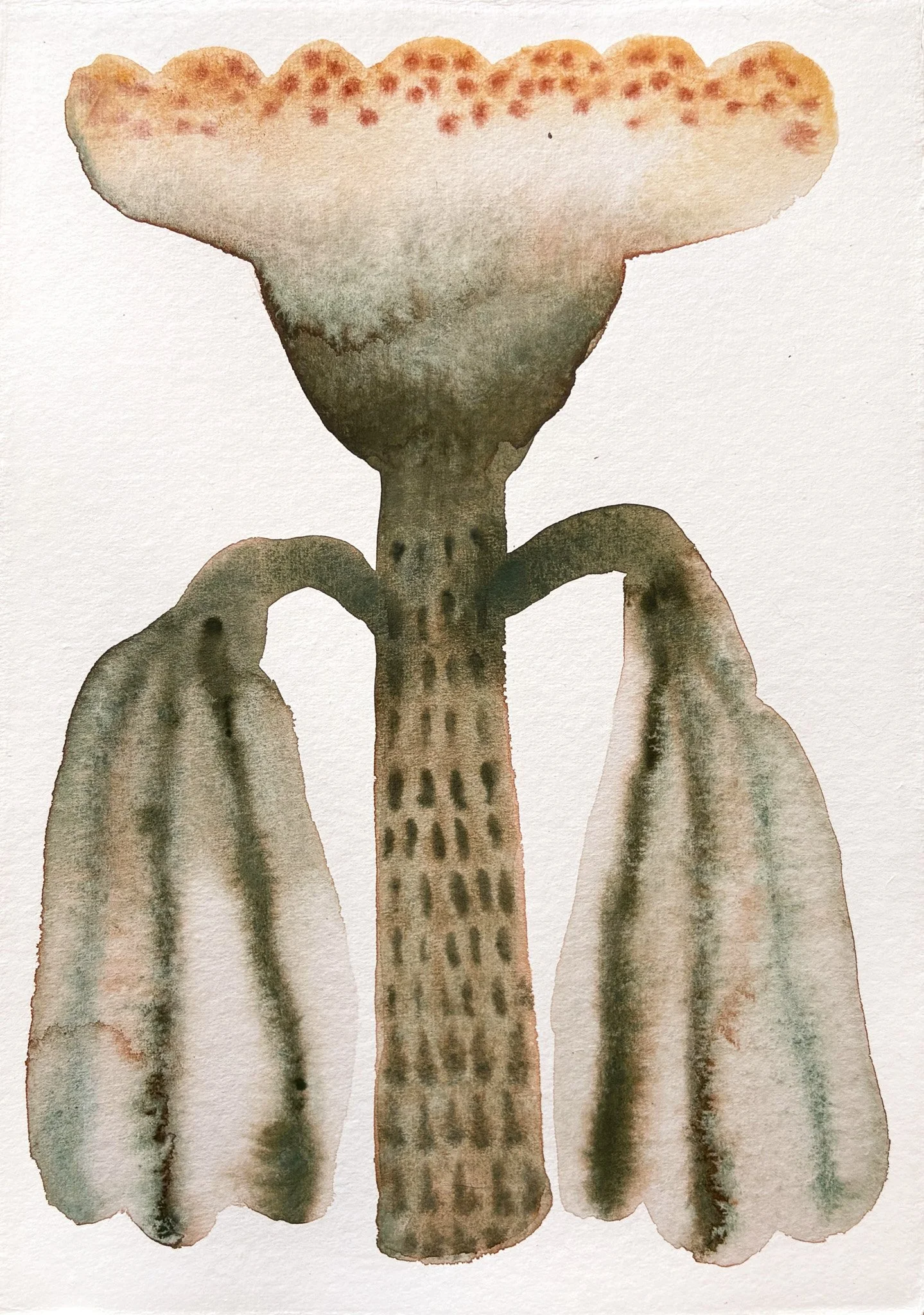 Watercolor painting of a giraffe with two people, viewed from behind, standing on either side of it.