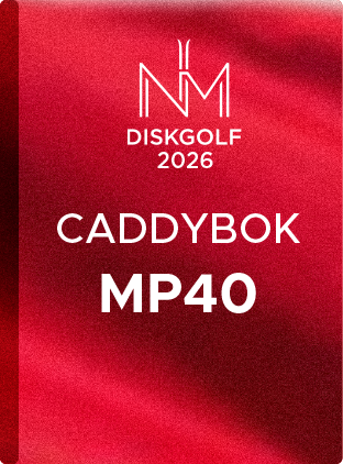 Plakat for Diskgolf 2026 med teksten "Caddybok MP40" og Diskgolf-logo på en rød bakgrunn.