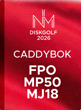 Tittelbild for Diskgolf 2026 med logo og informasjon om caddybok og forskjellige køller.