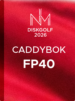 Logo for Diskgolf 2026 med teksten 'CADDYBOK FP40' på en rød bakgrunn.