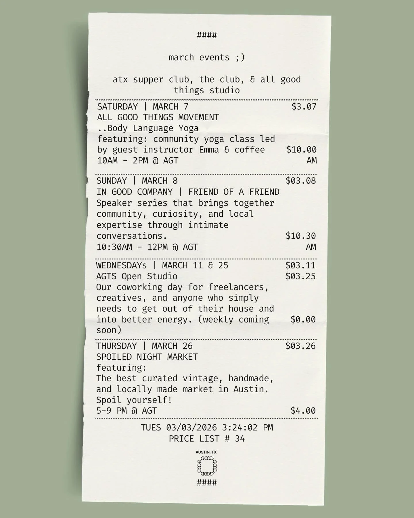 march at the studio :)

a few reasons to leave the house this month:

&bull; movement with body language &mdash; coffee, juice, goodie bags, and a little ritual to start the month
&bull; in good company &mdash; an intimate speaker series built around