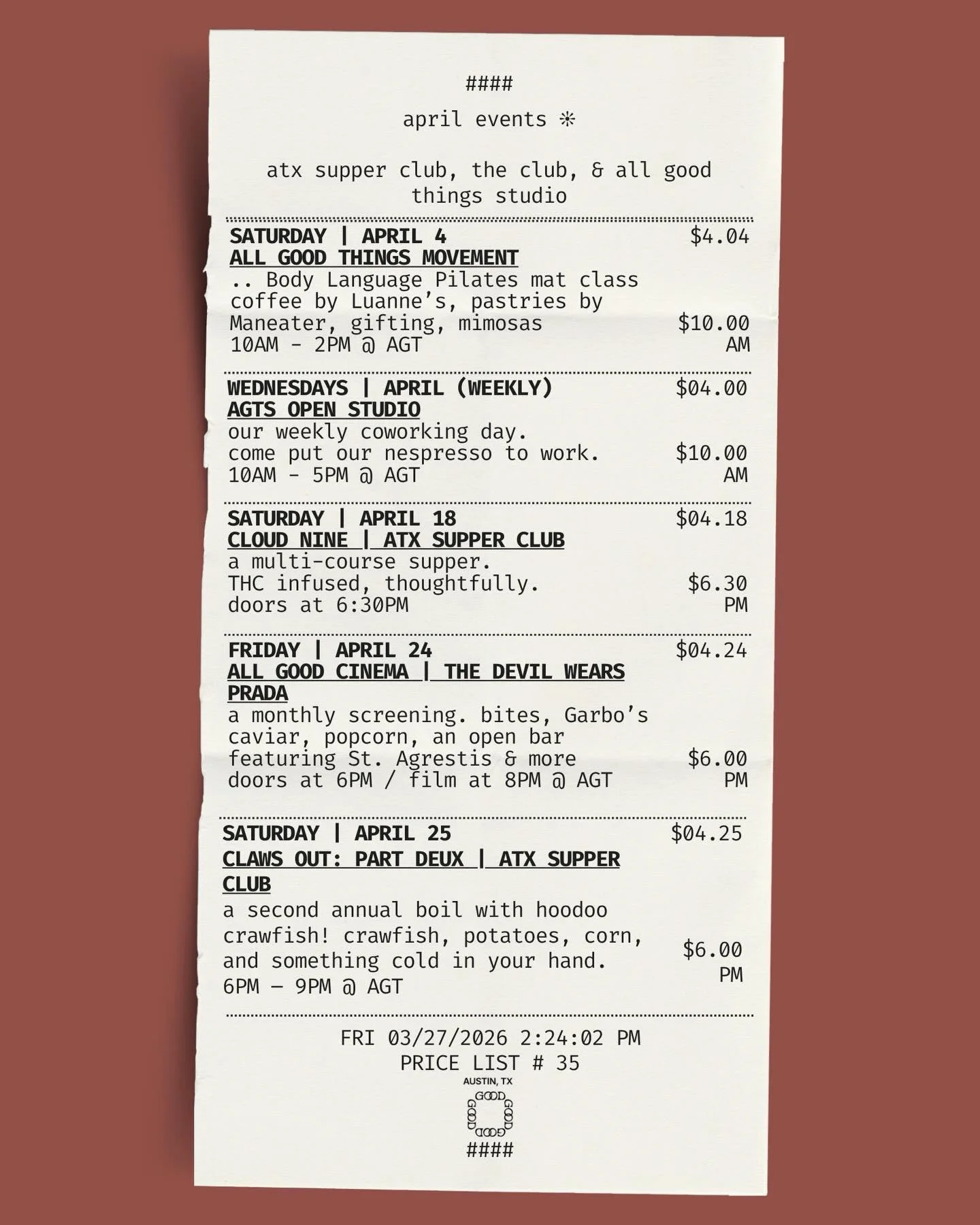 April Calendar Drop &hearts;︎ Cinema, 420, &amp; Crawfish

The space is starting to take shape. More places to sit, rooms settling in, and a rhythm forming week by week.

Events are back in full swing. @atx.supper.club returns, and we&rsquo;re introd