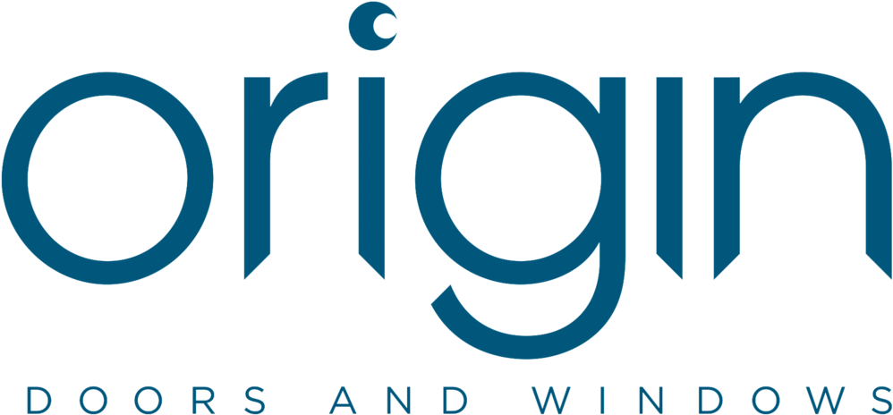 Logo for Origin Doors and Windows, featuring the word 'origin' in large blue letters with a small crescent moon above the 'o'.
