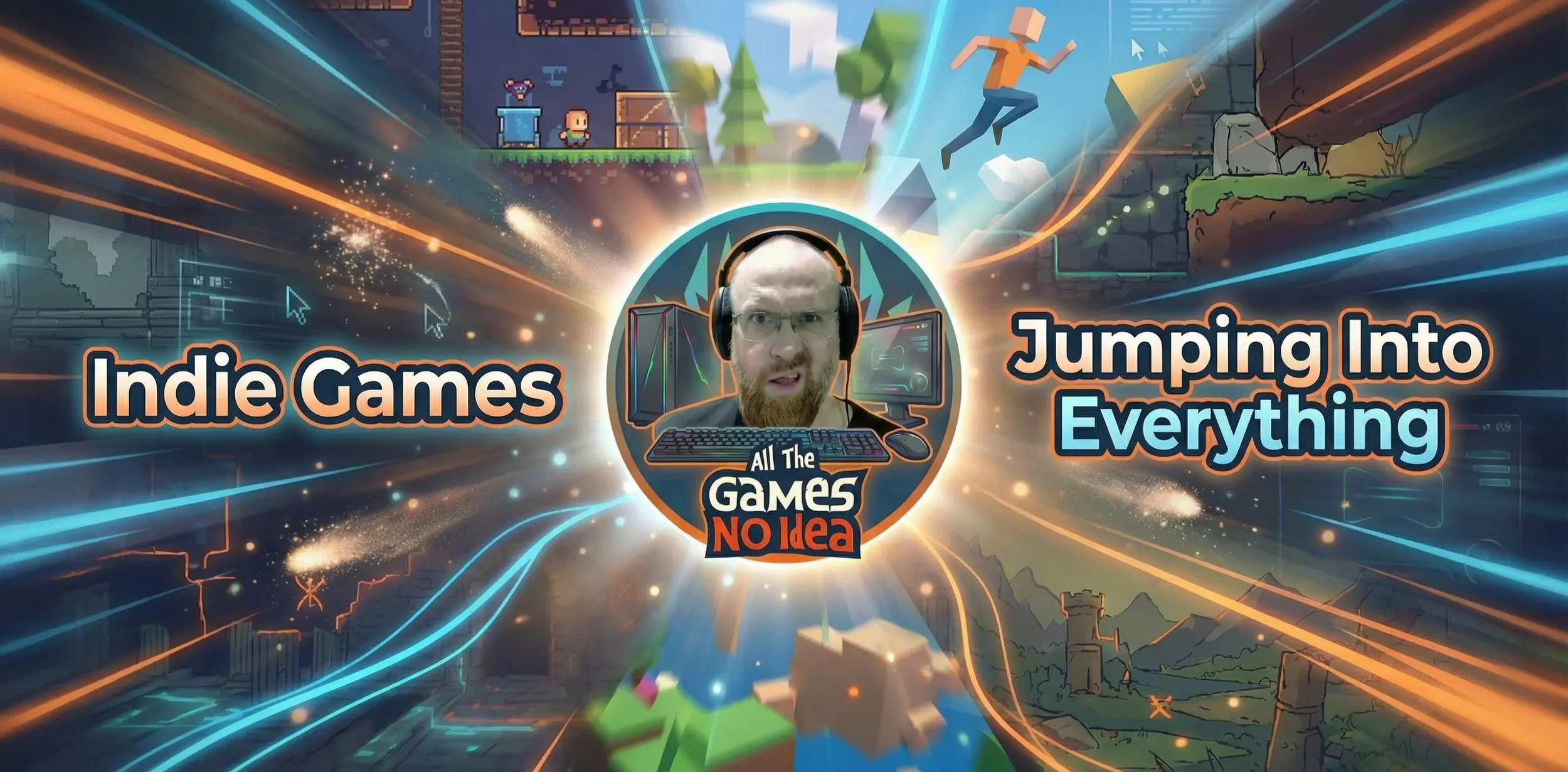 A digital graphic promoting indie gaming and streaming, featuring a central profile of a man with headphones, surrounded by colorful, dynamic lines and pixel art representing various video game environments and characters. Text on either side reads 'Indie Games' and 'Jumping Into Everything,' with a logo below the man's face that says 'All The Games, NO Idea.'