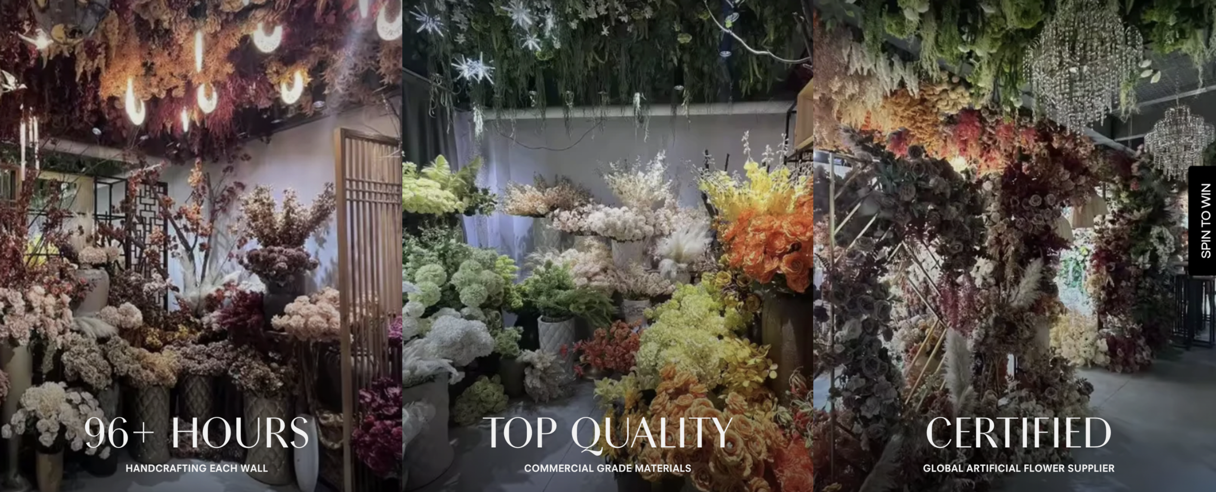 Collage of artificial flower displays with lights, showcasing quality and certification