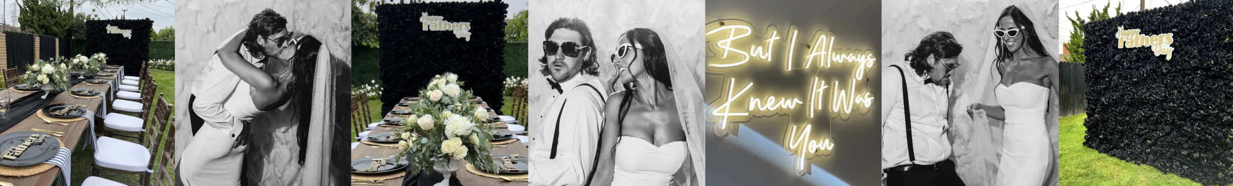 Collage of a celebration with a long dining table set outdoors, a couple embracing, a neon sign reading "But I Always Knew It Was You", and a floral backdrop with "Happy Father's Day" sign.