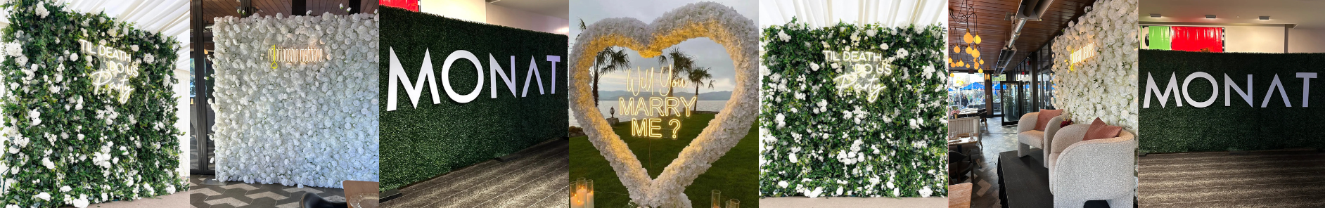 Floral and greenery backdrops with neon signs and logos