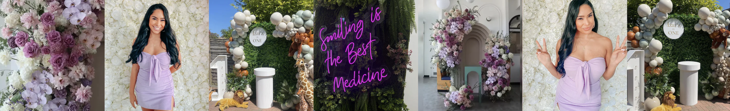 Collage of a floral wall, woman in a light purple dress, balloon decorations with number "1" sign, and a neon sign saying "Smiling is the Best Medicine."