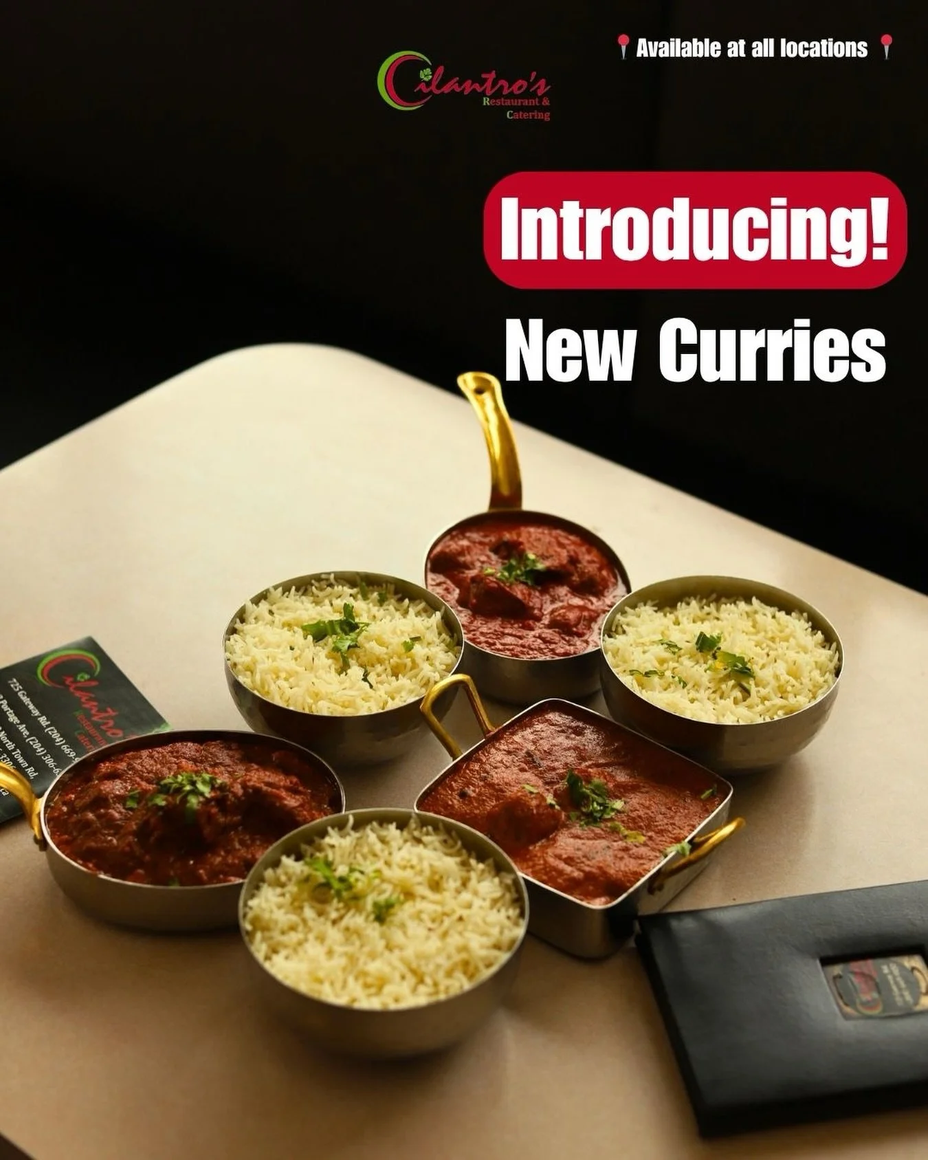 Introducing new curries to our menu! 🍽️ 
- Rara Chicken Tadka 🥘
- Lamb Korma
- Makhani Malai Kofta (Veg.)

Order now and have a taste of it! 😋

📍 Available at all locations 

Dine in | Take out | Delivery | Catering

#cilantro #wpgeats #wpgfoodlo