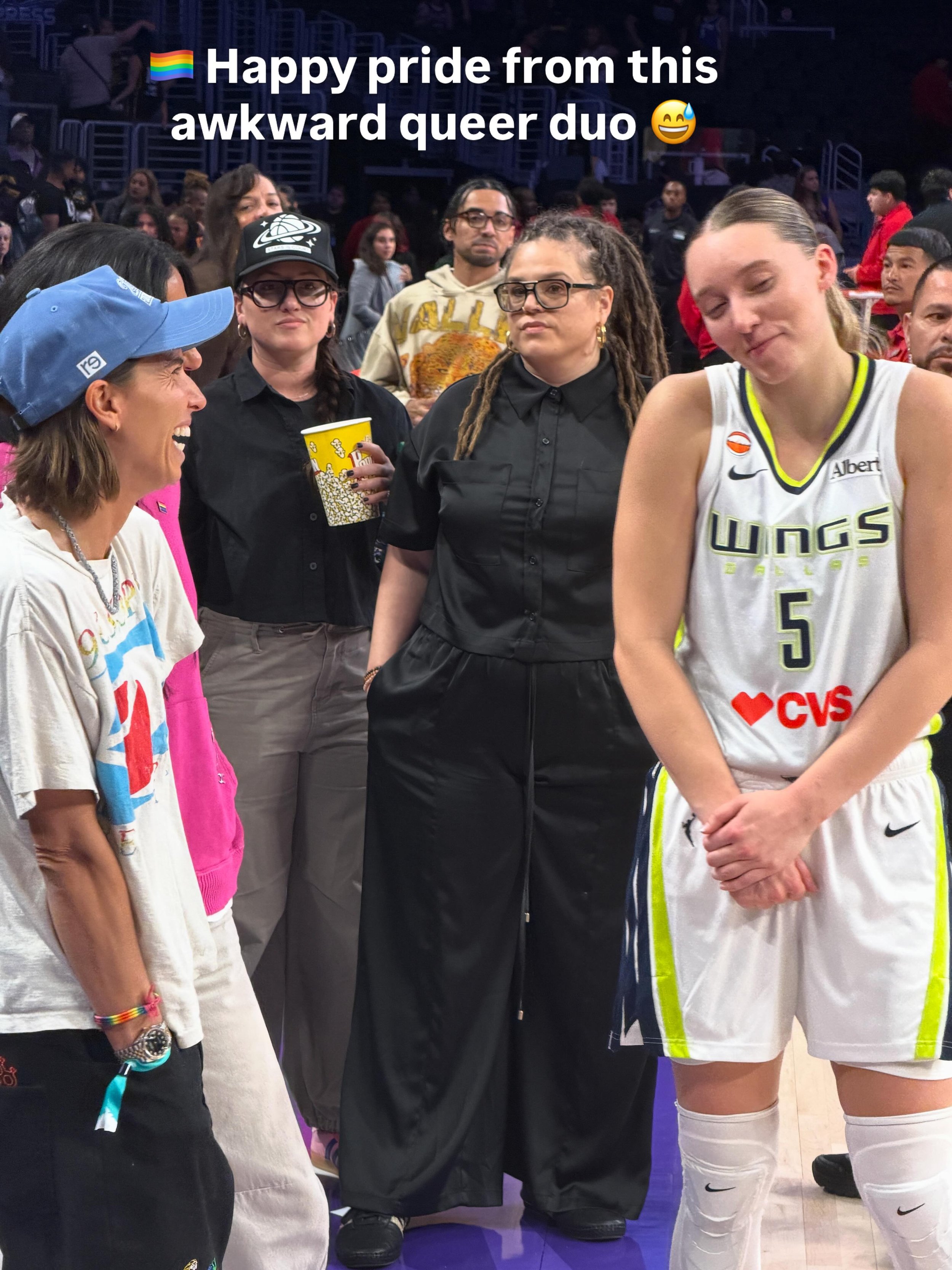 Smile, because you never know who is taking a pic! 🤣 

This was a sweet little interaction to witness between Paige, Tobin, Kristen, and Azzi. Though we were obviously beat and up past our bed time. 

So much love for this game and for all the queer