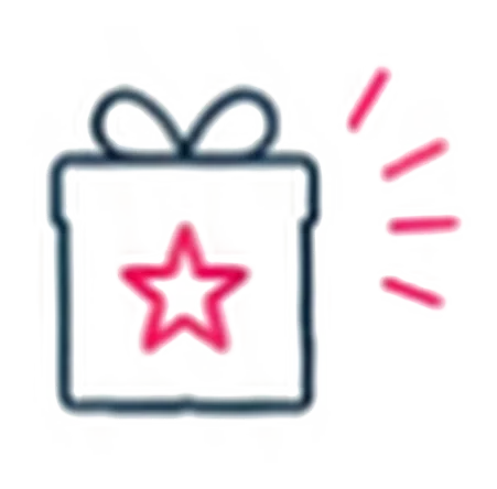Outline of a gift box with a bow on top, a star in the center, and pink lines indicating excitement or emphasis.