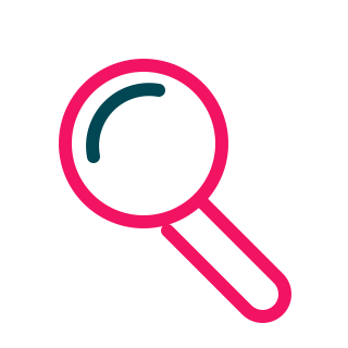 Pink magnifying glass icon on a black background.