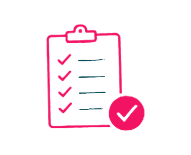 Illustration of a pink checklist clipboard with four checked items and a large pink checkmark symbol in front.