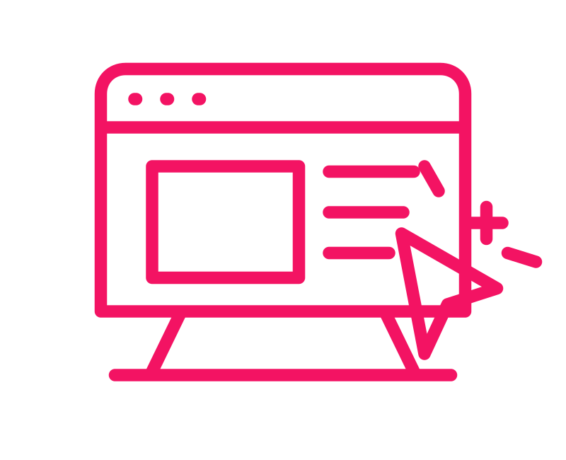 Outline of a computer monitor with a web browser window, a cursor, and some lines of text.