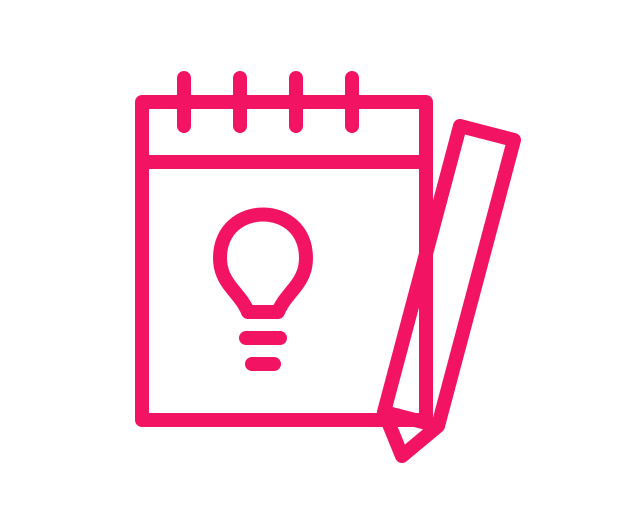 Pink outline of a notepad with a lightbulb icon on it, a pencil leaning against the notepad, and a small rectangular object next to the pencil, all on a black background.