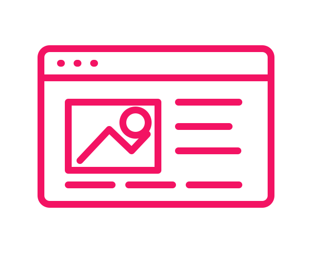 Icon of a web page with a pink outline on a black background, featuring a placeholder image, text lines, and browser window controls.