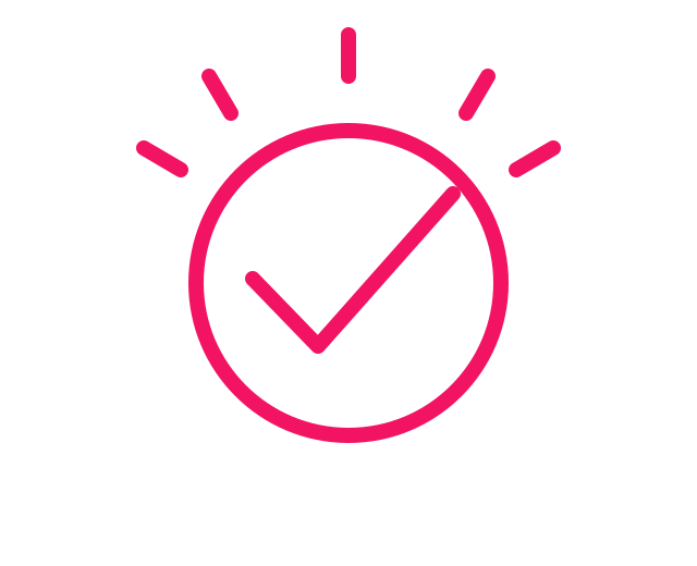 Pink checkmark inside a pink circle, with radiating lines, on a black background.