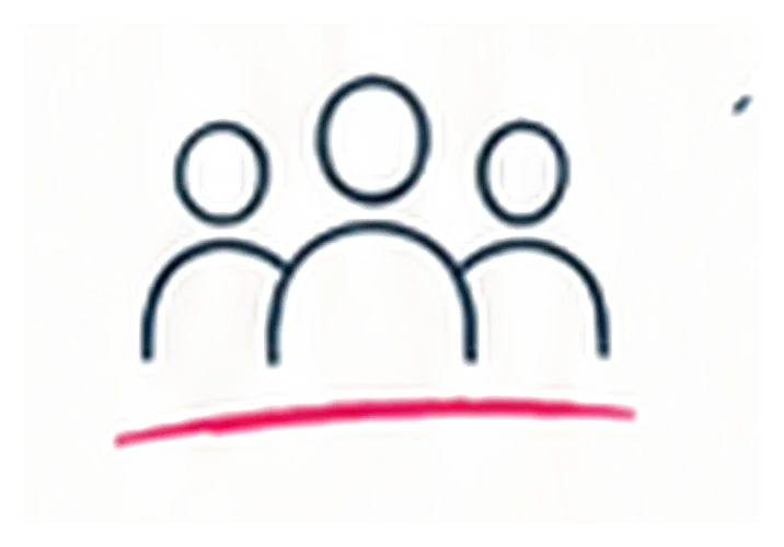 Simple line drawing of three people standing together, with a pink line underneath them.