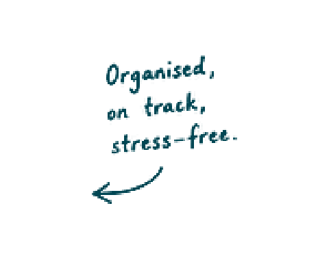 Handwritten note on a black background saying, 'Organized, on time, stress-free,' with an arrow pointing left.