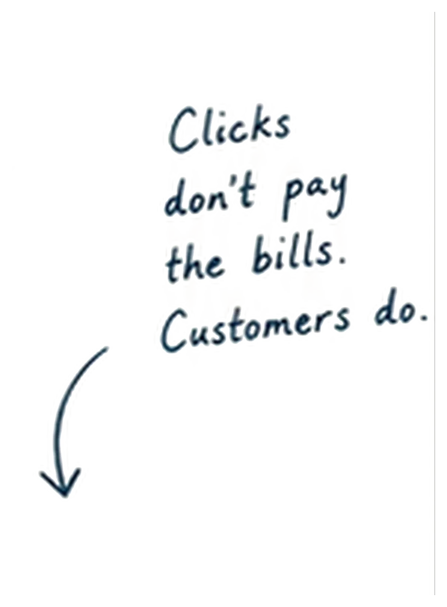 Handwritten note stating "Clicks I don't pay the bills. Customers do." with an arrow pointing down.