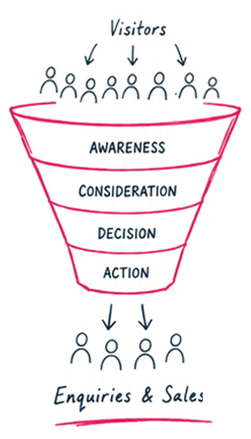 Funnel diagram showing the customer journey from visitors to sales, including stages: awareness, consideration, decision, action, leading to inquiries and sales.