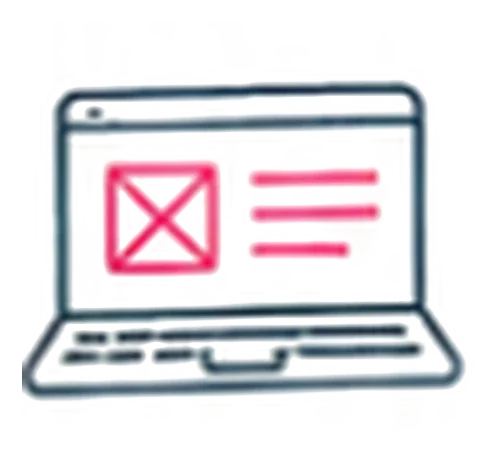 Illustration of a laptop screen with a red 'X' mark and text lines, representing a webpage or document.