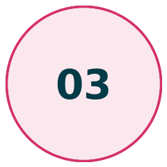 A pink circular badge with a dark pink border, displaying the number '03' in dark teal text in the center.