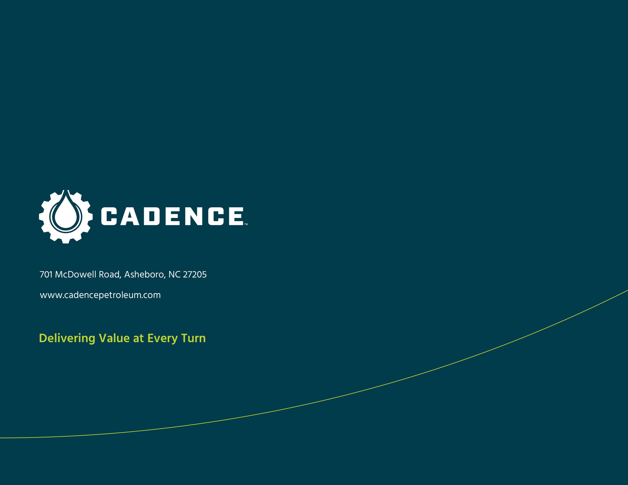 Cadence Petroleum brand image with logo, address, website URL, and tagline.
