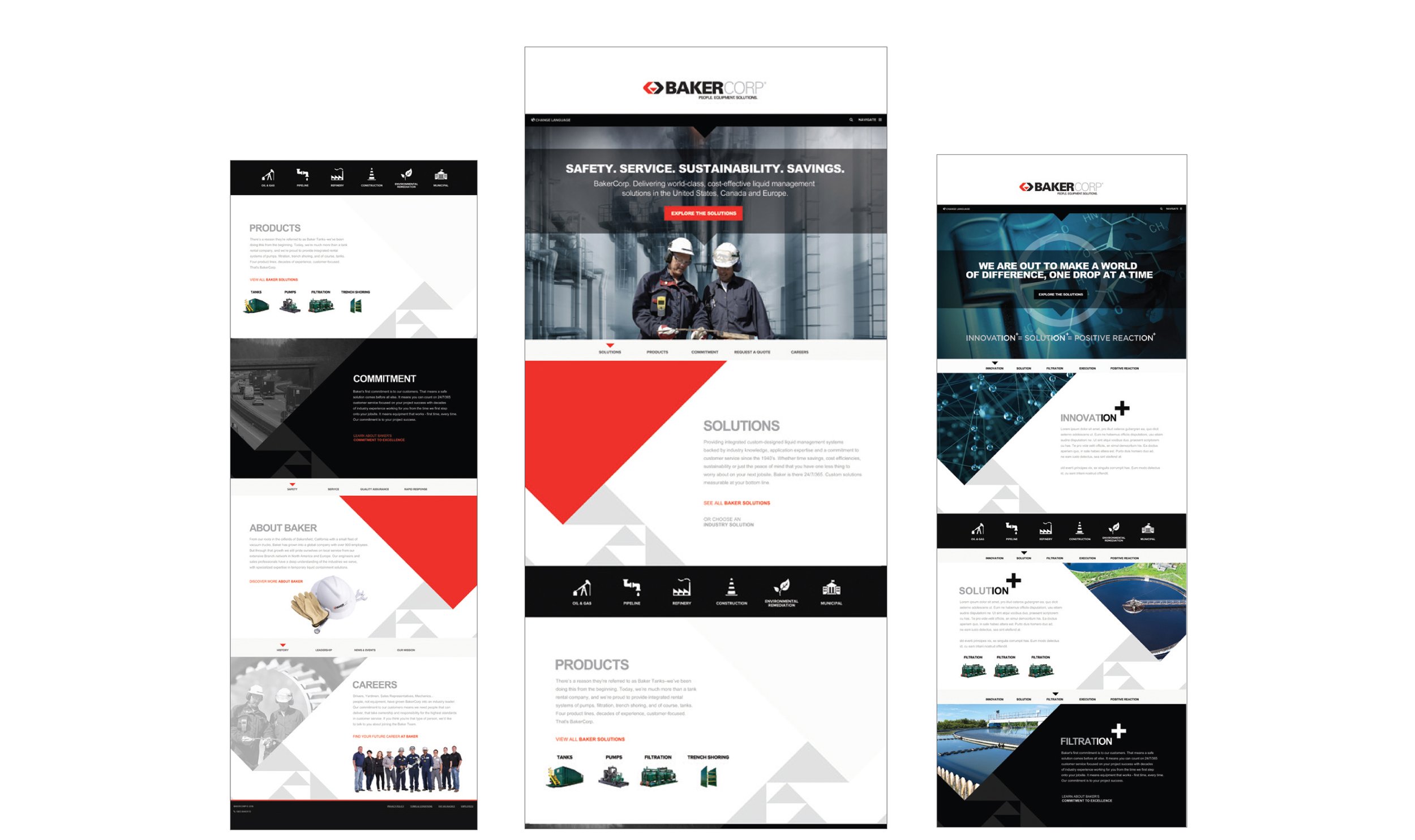 Three website mockups for BakerCorp showcasing industrial solutions in fluid management, with sections labeled products, solutions, and about BakerCorp. Images depict workers, equipment, and infrastructure related to filtration and trench shoring.