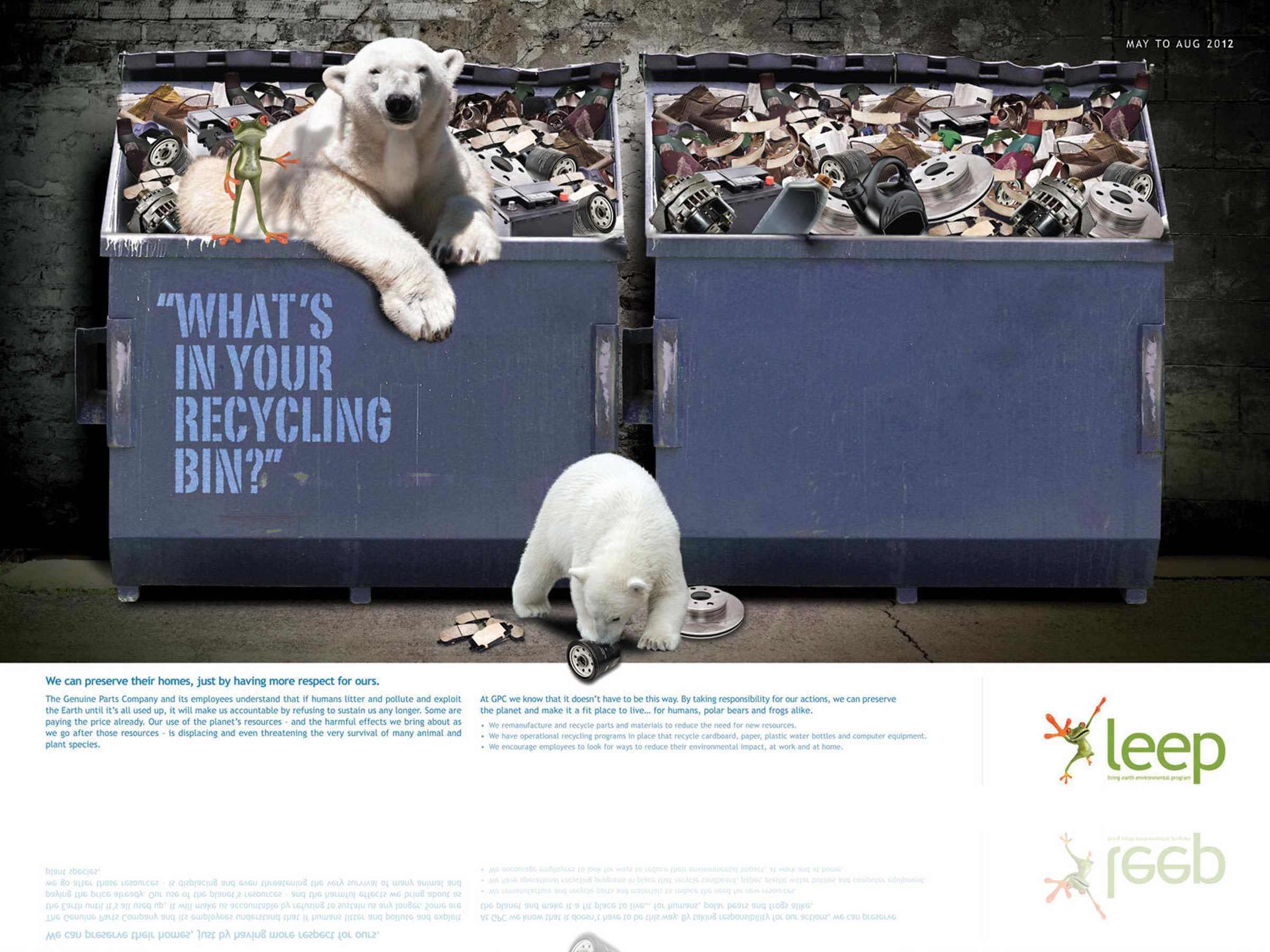 A polar bear and a frog are sitting on a recycling bin filled with trash. The bin has the text 'What's in your recycling bin?' printed on it. Another polar bear is on the ground next to the bin. This image is part of a campaign related to environment