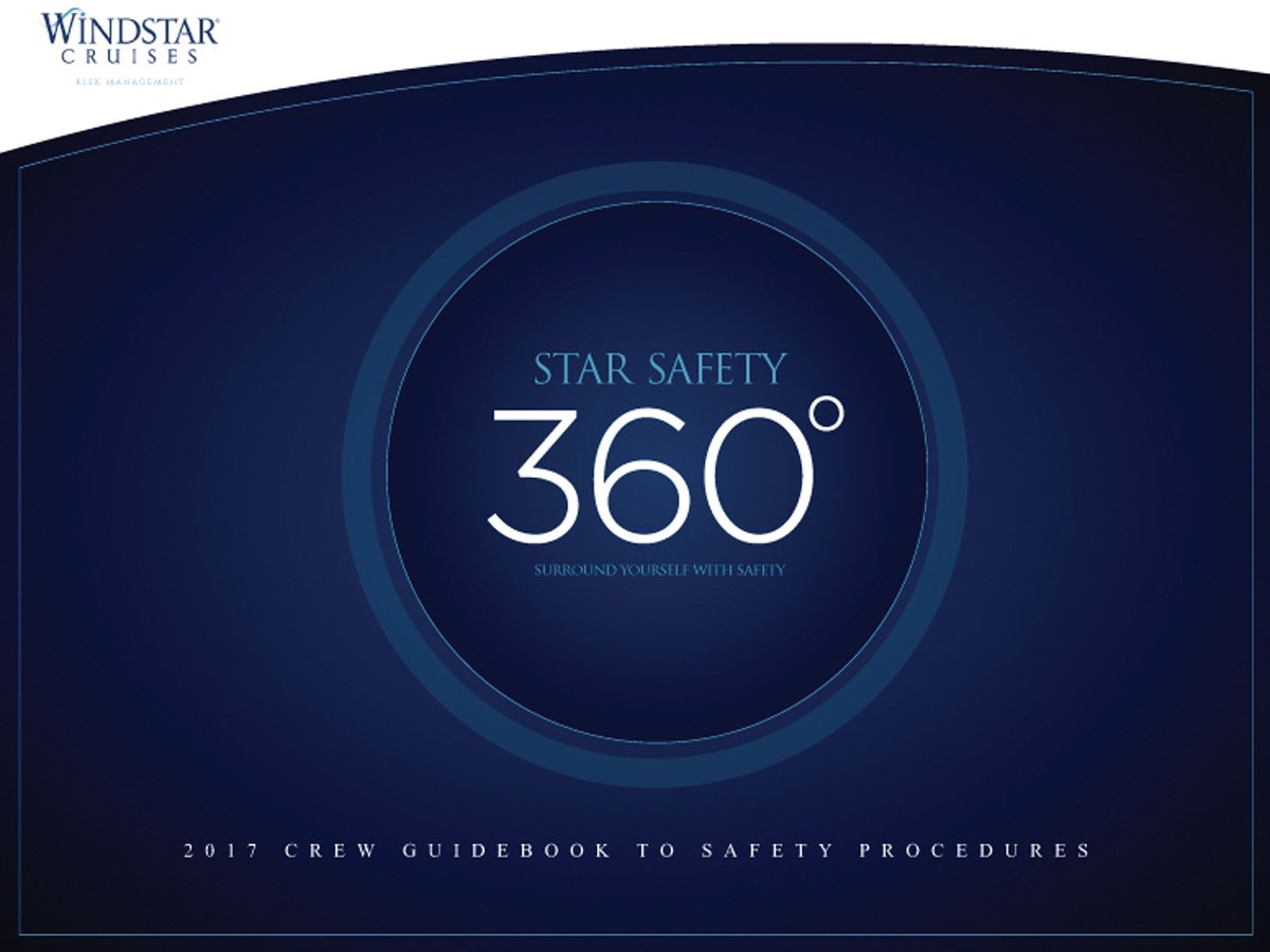 Windstar Cruises Star Safety 360 guidebook cover with a navy blue design and text indicating "2017 Crew Guidebook to Safety Procedures."