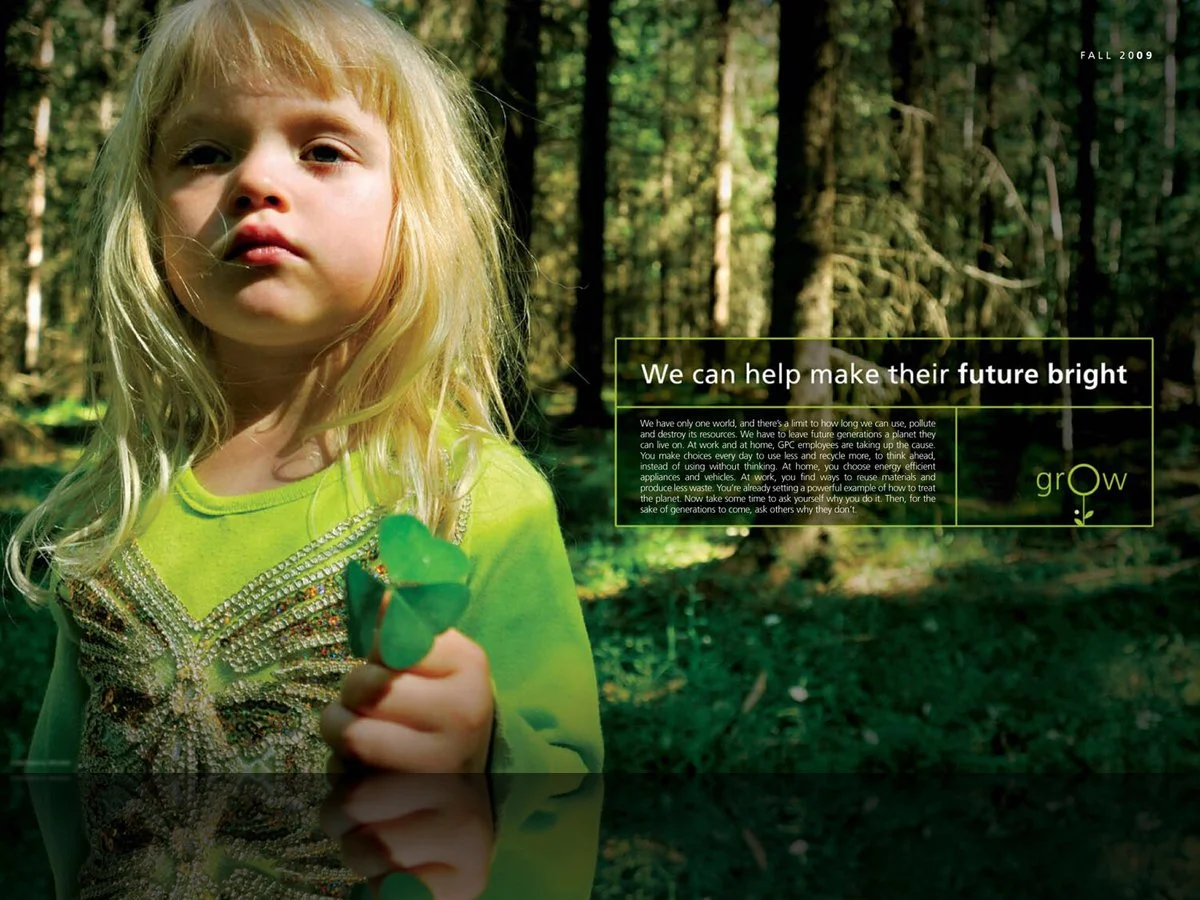 A young child with blonde hair stands in a forest, holding a small green plant. The child is wearing a bright green shirt with decorative patterns. Text on the image reads, "We can help make their future bright," with a message about environmental re