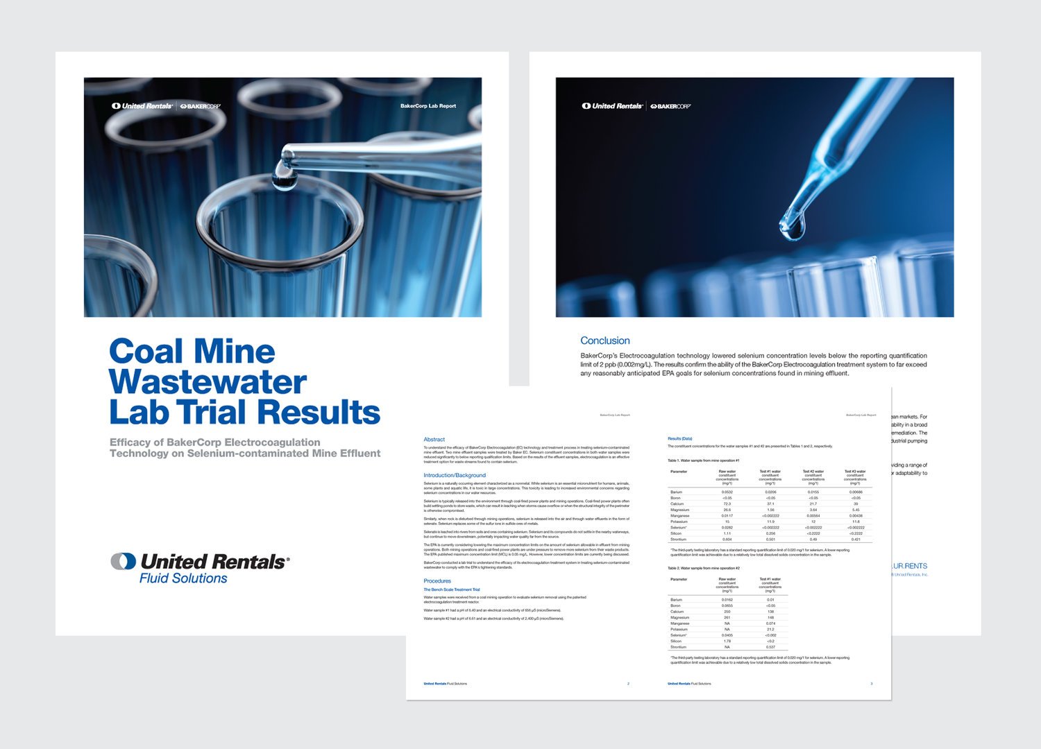 Two-page report on coal mine wastewater lab trial results, featuring test tubes with blue liquid and dropper image, and text summaries by United Rentals Fluid Solutions.