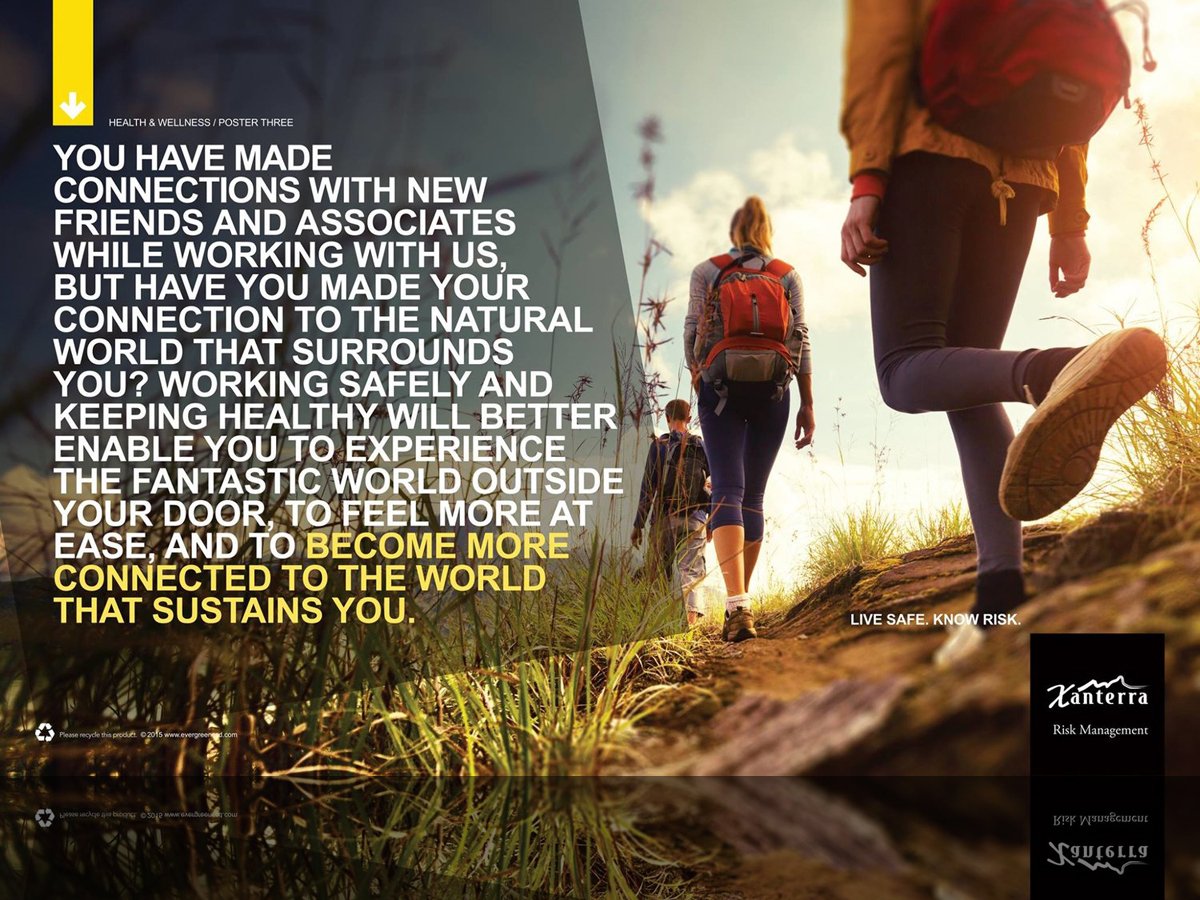 Inspirational poster with text about connecting with nature and an image of people hiking on a trail, wearing backpacks. Brand logo "Xanterra Risk Management" shown on the bottom right corner.