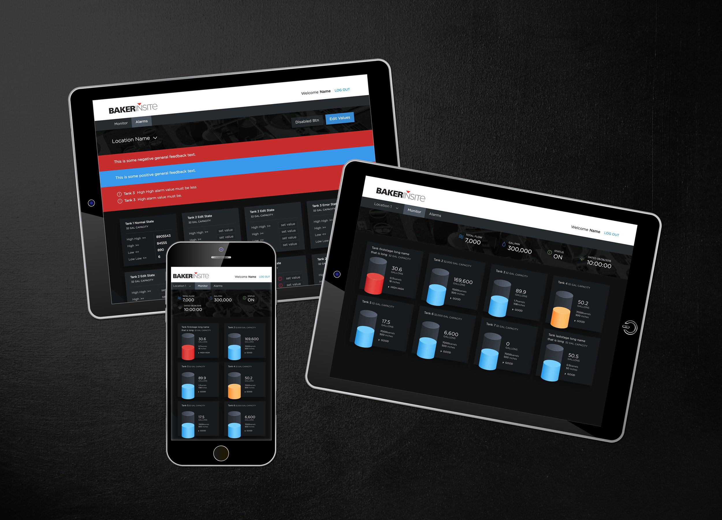 Multiple devices displaying Baker InSite software with dashboard and data analytics interface.