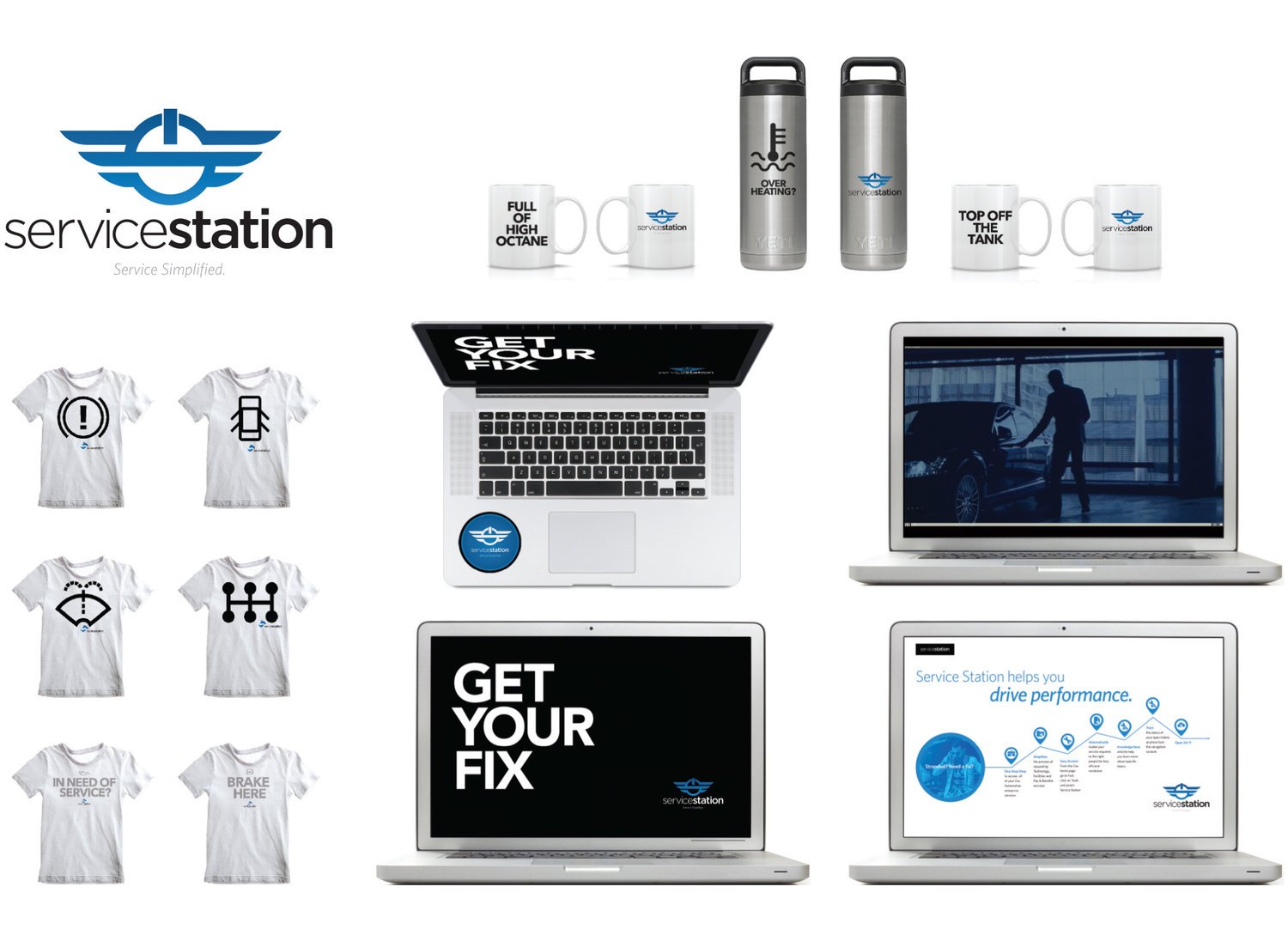 Collage featuring Service Station logo, branded merchandise like T-shirts, mugs, and bottles, laptops displaying "Get Your Fix" and promotional content, all showcasing service and automotive themes.