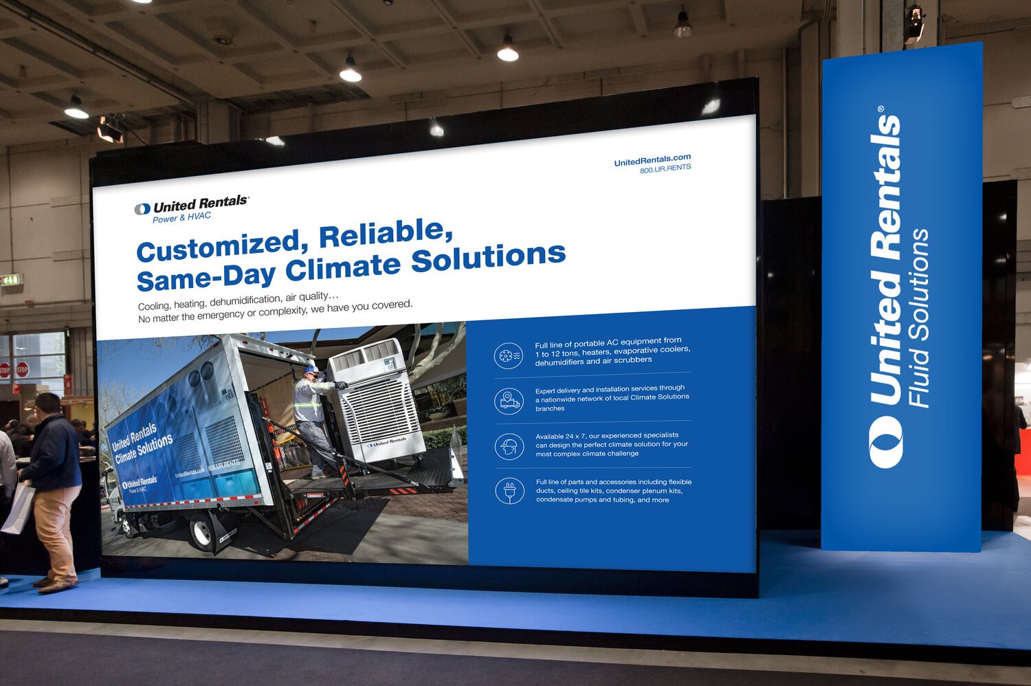 A trade show booth for United Rentals Fluid Solutions showcasing climate solutions services. The display features text about customized, reliable, same-day climate solutions, with an image of equipment and a truck. The booth highlights portable AC un