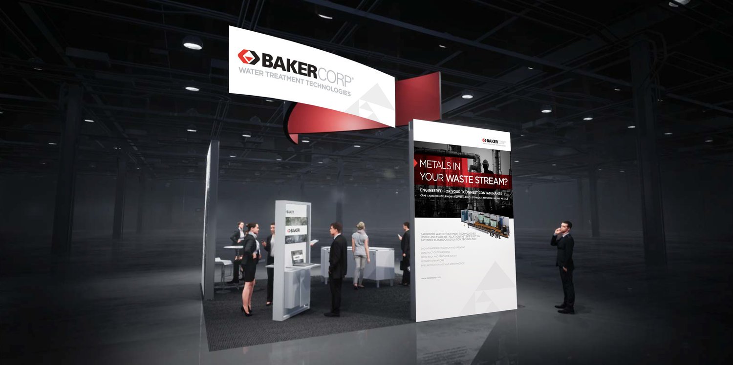 Trade show booth for BakerCorp featuring their water treatment technologies, with several people interacting and large displays about waste stream solutions.