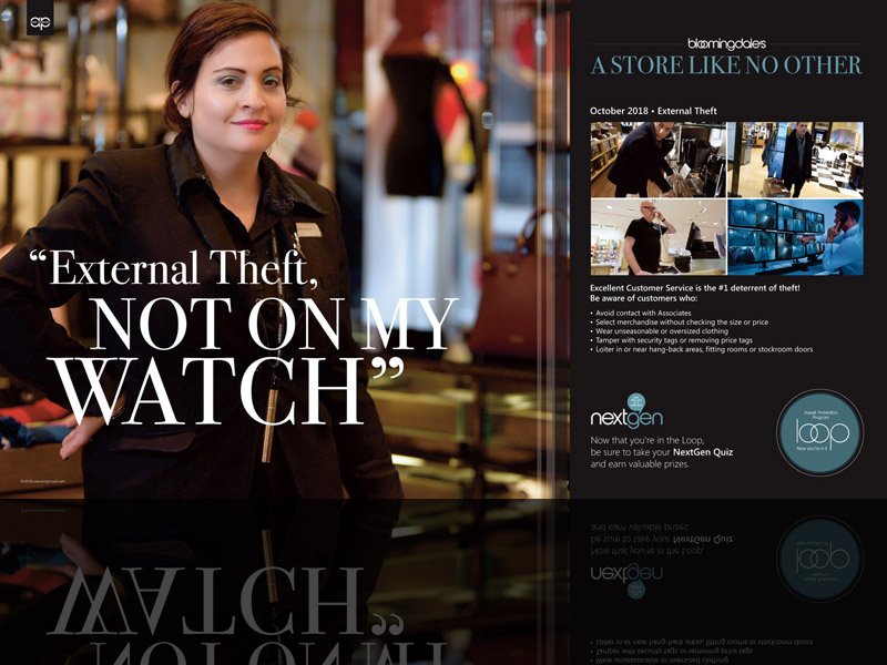 Retail security promotional image with a female store employee stating "External Theft, Not On My Watch" alongside text about Bloomingdale's theft prevention strategies and customer service tips.