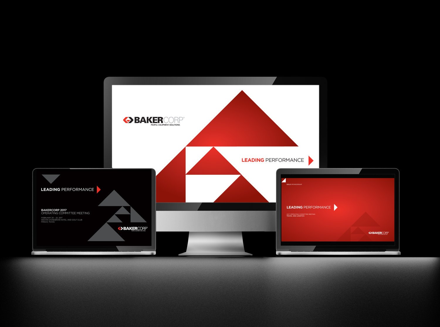 Three digital devices displaying a "BakerCorp Leading Performance" presentation, featuring red and black geometric design elements on screens.