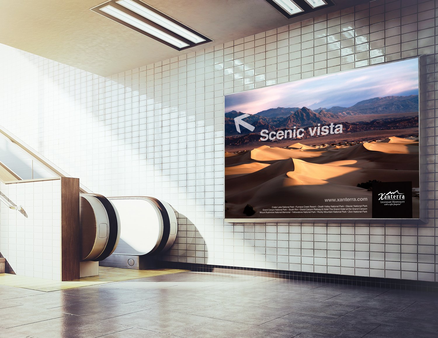 Subway station with escalator and advertisement for scenic vista at Xanterra locations, featuring sunlit sand dunes and mountains.